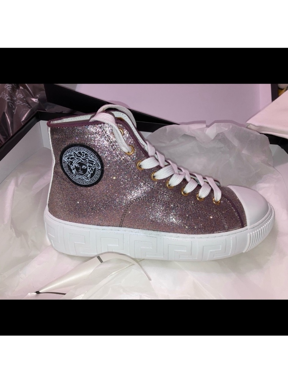Versace Glitter High-Top Sneaker in Pink with White Sole and Gold Accents